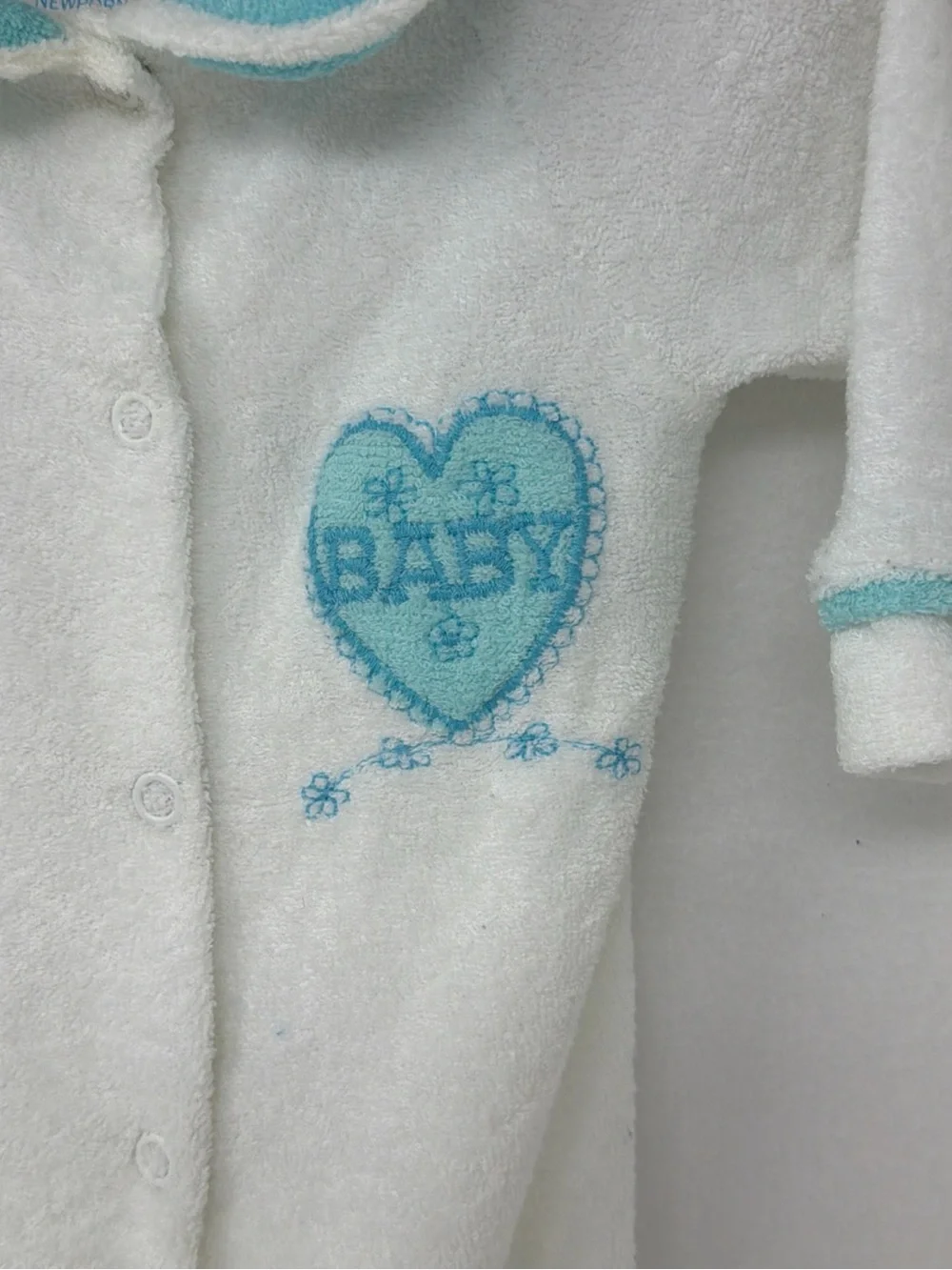 Vintage Infant Terry Footed Sleep Suit in White with Blue Trim Size Newborn